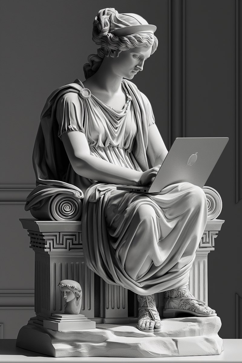 Atena, deusa da sabedoria, usando um notebook